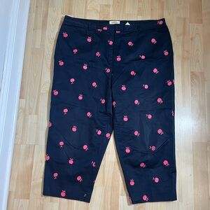 Talbots Womens Navy Stretch Pink Apples Cropped Capri Size 18
